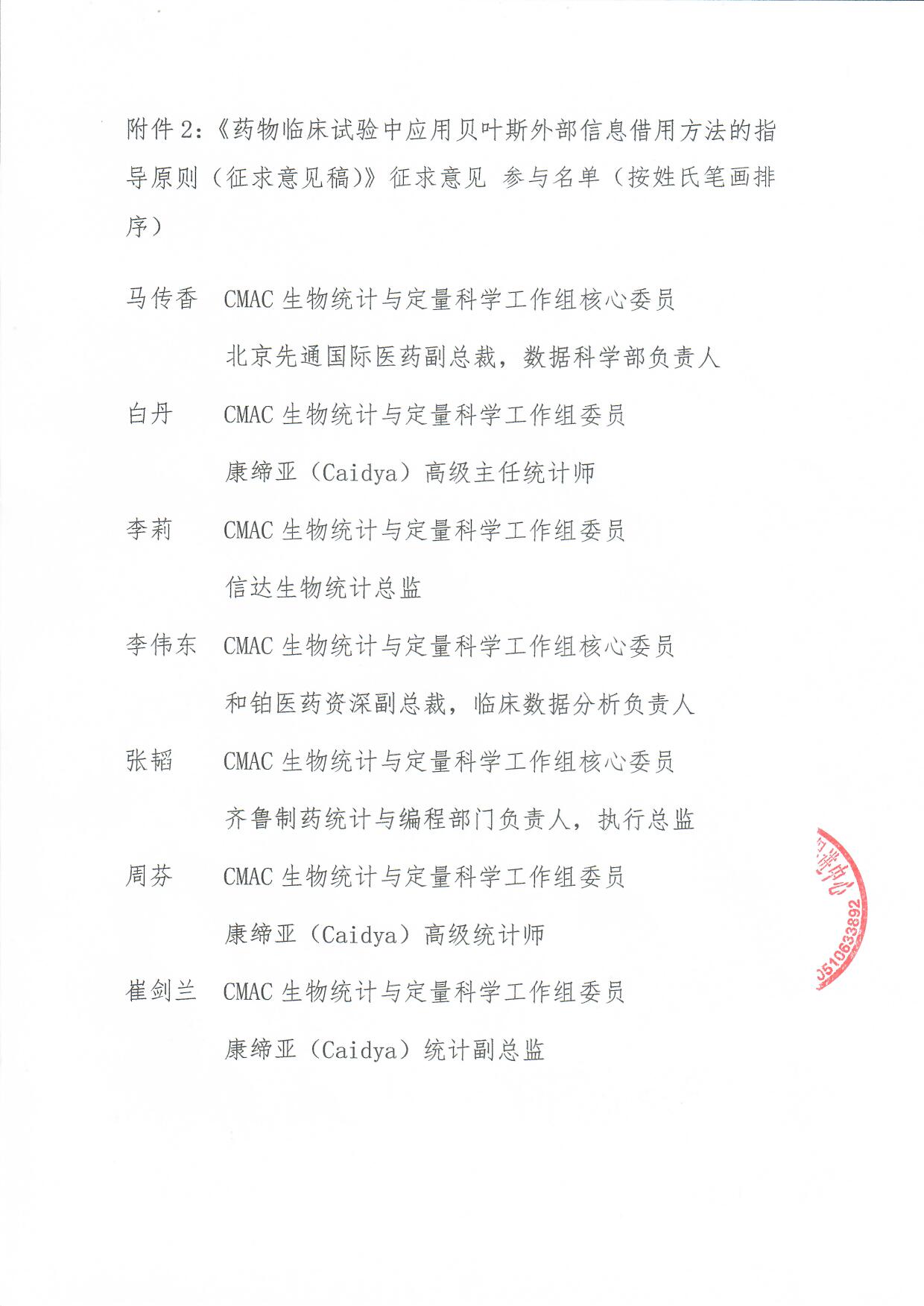 CMAC:  <关于公开征求《药物临床试验中应用贝叶斯外部信息借用方法的指导原则（征求意见稿）》意见的通知>的意见反馈